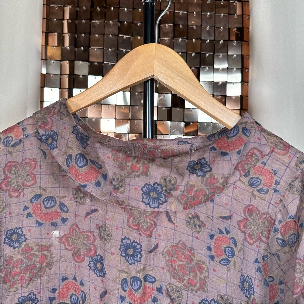 Vintage Purple, Maroon & Navy Checked Plaid & Floral Short Sleeve Sheer Blouse - Picture 3 of 9